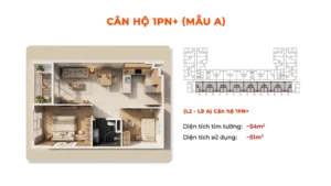 Mặt bằng căn hộ 1PN+ Dragon Homes mẫu A
